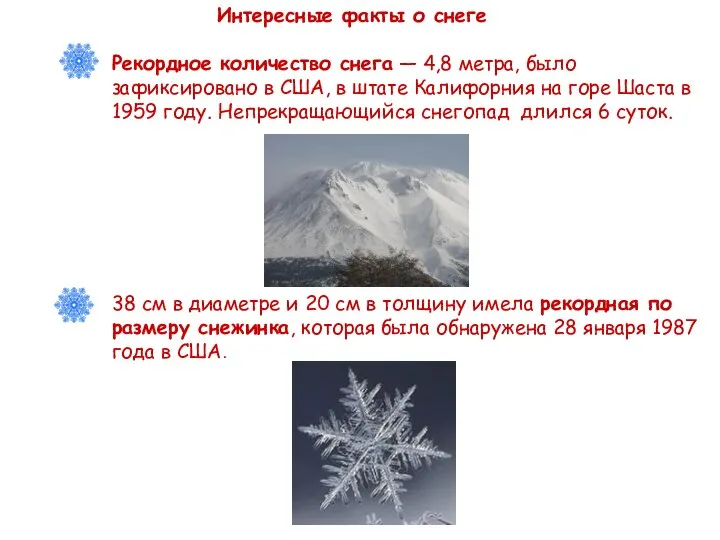 Интересные факты о снеге Рекордное количество снега — 4,8 метра, было