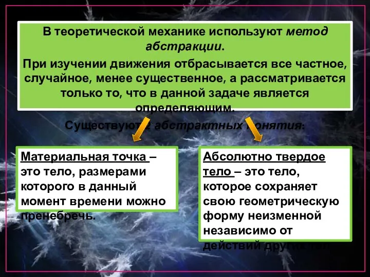 В теоретической механике используют метод абстракции. При изучении движения отбрасывается все