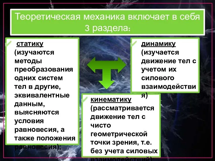 Теоретическая механика включает в себя 3 раздела: статику (изучаются методы преобразования