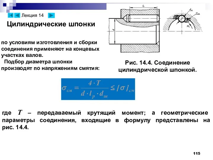 Рис. 14.4. Соединение цилиндрической шпонкой. где T – передаваемый крутящий момент;