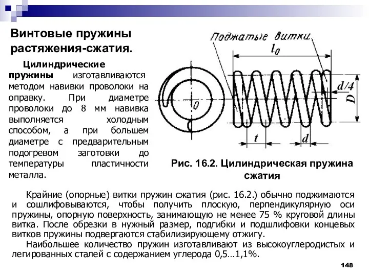 Винтовые пружины растяжения-сжатия. Рис. 16.2. Цилиндрическая пружина сжатия Цилиндрические пружины изготавливаются