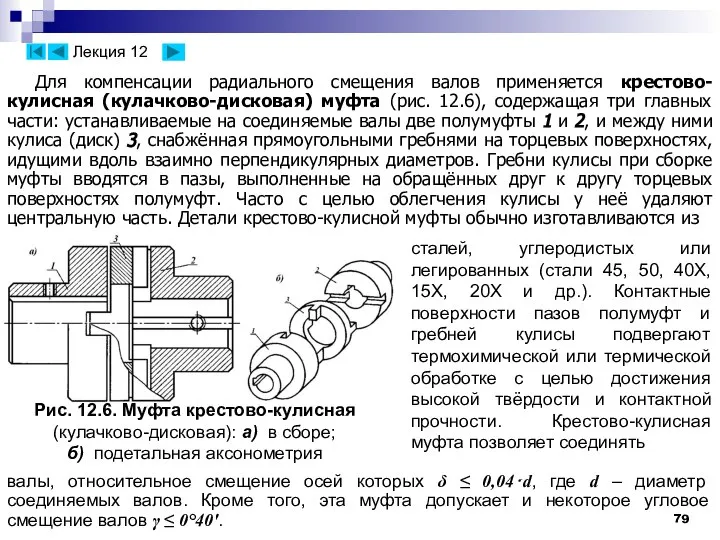 Для компенсации радиального смещения валов применяется крестово-кулисная (кулачково-дисковая) муфта (рис. 12.6),