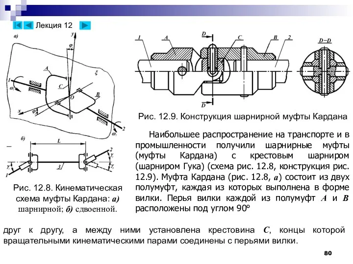 Рис. 12.8. Кинематическая схема муфты Кардана: а) шарнирной; б) сдвоенной. Рис.