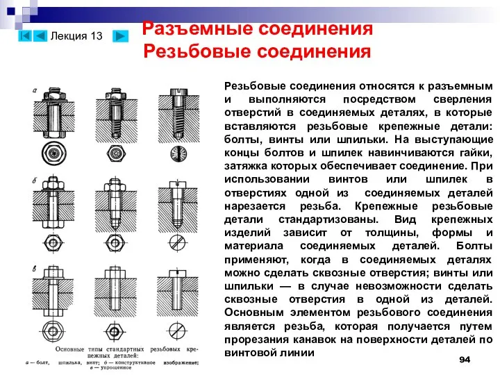 Разъемные соединения Резьбовые соединения Резьбовые соединения относятся к разъемным и выполняются