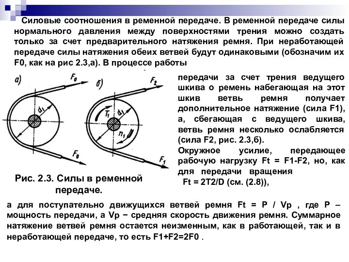 Силовые соотношения в ременной передаче. В ременной передаче силы нормального давления