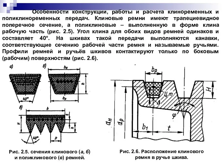 Особенности конструкции, работы и расчета клиноременных и поликлиноременных передач. Клиновые ремни