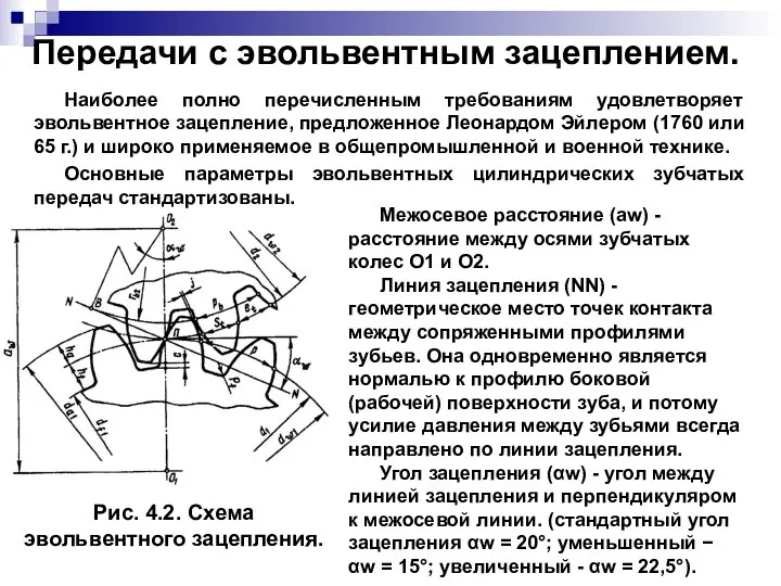 Передачи с эвольвентным зацеплением. Наиболее полно перечисленным требованиям удовлетворяет эвольвентное зацепление,