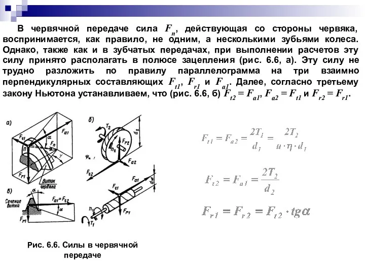 В червячной передаче сила Fn, действующая со стороны червяка, воспринимается, как