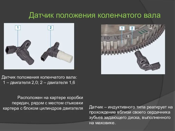 Датчик положения коленчатого вала Датчик положения коленчатого вала: 1 – двигателя