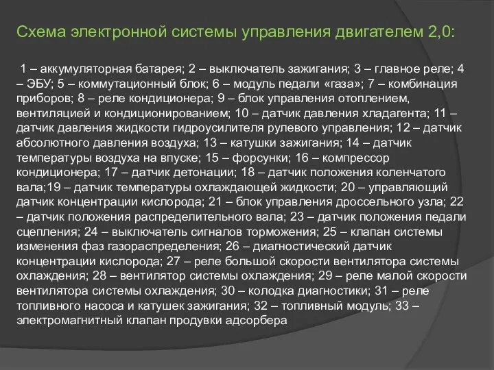 Схема электронной системы управления двигателем 2,0: 1 – аккумуляторная батарея; 2