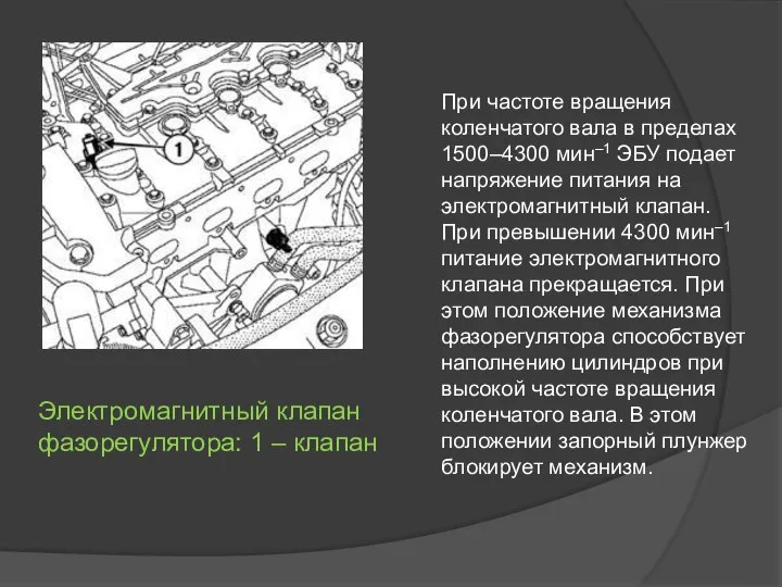 Электромагнитный клапан фазорегулятора: 1 – клапан При частоте вращения коленчатого вала