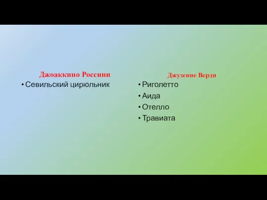 Джоаккино Россини Севильский цирюльник Джузеппе Верди Риголетто Аида Отелло Травиата