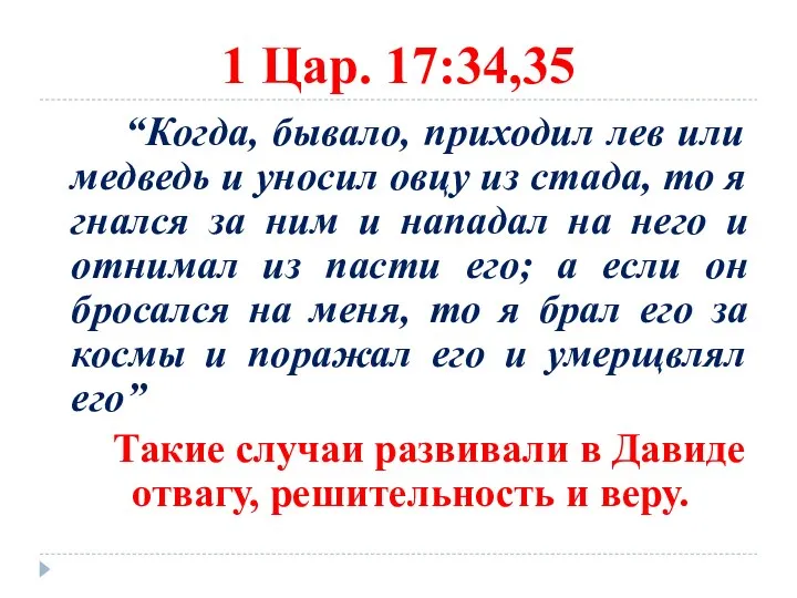 1 Цар. 17:34,35 “Когда, бывало, приходил лев или медведь и уносил