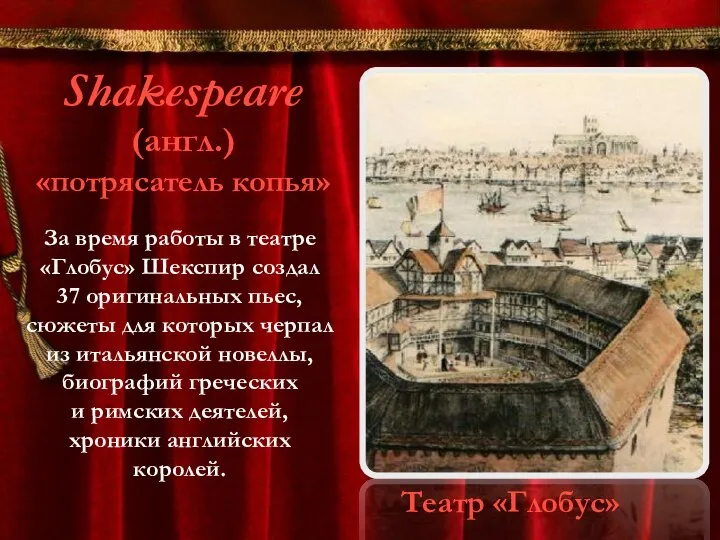 Театр «Глобус» Shakespeare (англ.) «потрясатель копья» За время работы в театре