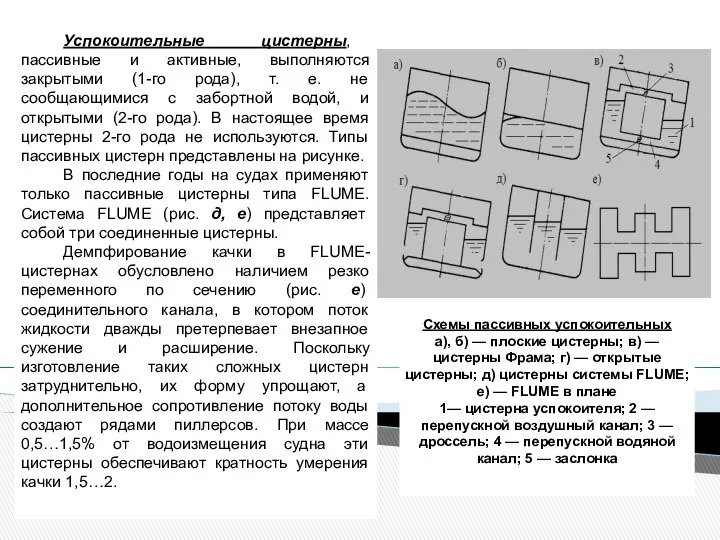 Успокоительные цистерны, пассивные и активные, выполняются закрытыми (1-го рода), т. е.