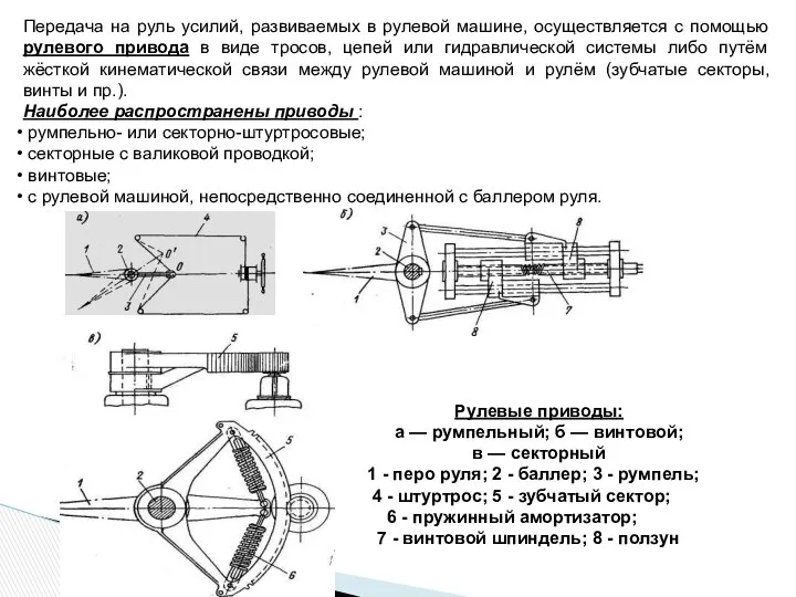 Передача на руль усилий, развиваемых в рулевой машине, осуществляется с помощью