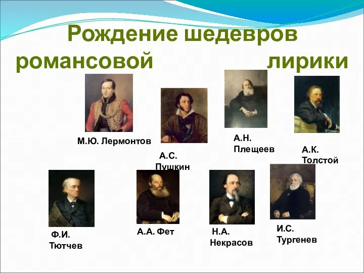 Рождение шедевров романсовой лирики М.Ю. Лермонтов А.А. Фет А.Н.Плещеев А.К.Толстой А.С.Пушкин Ф.И.Тютчев И.С.Тургенев Н.А.Некрасов