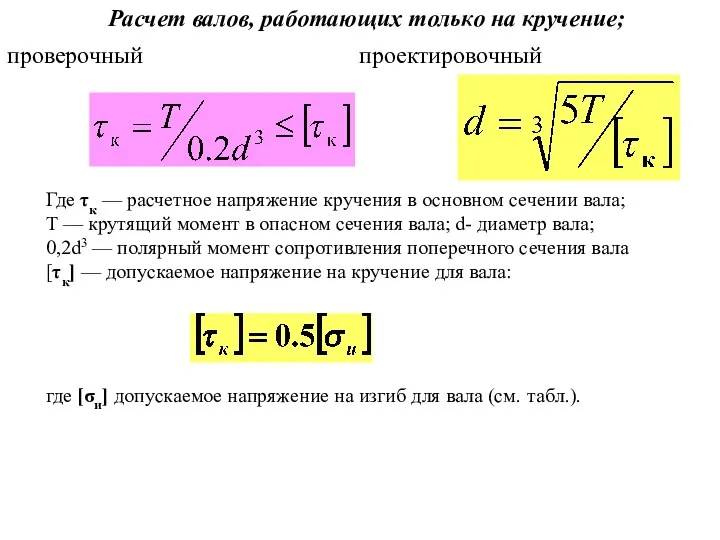 Расчет валов, работающих только на кручение; проверочный Где τк — расчетное