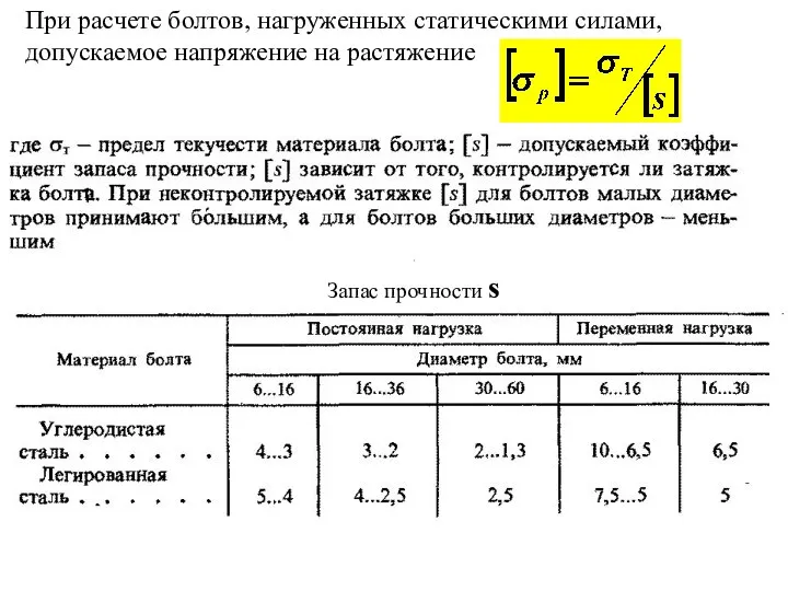 При расчете болтов, нагруженных статическими силами, допускаемое напряжение на растяжение Запас прочности s