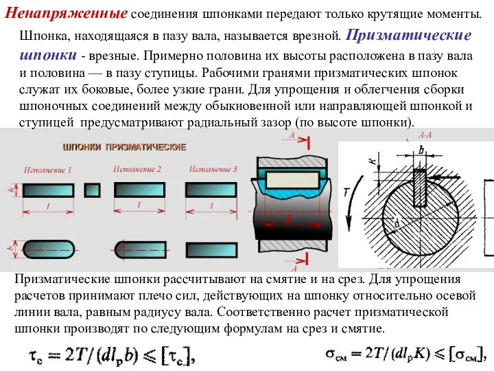 Ненапряженные соединения шпонками передают только крутящие моменты. Шпонка, находящаяся в пазу