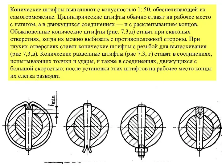 Конические штифты выполняют с конусностью 1: 50, обеспечивающей их самоторможение. Цилиндрические