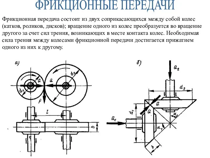 ФРИКЦИОННЫЕ ПЕРЕДАЧИ Фрикционная передача состоит из двух соприкасающихся между собой колес