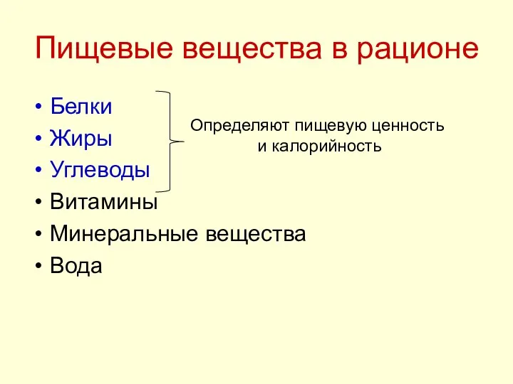 Пищевые вещества в рационе Белки Жиры Углеводы Витамины Минеральные вещества Вода Определяют пищевую ценность и калорийность