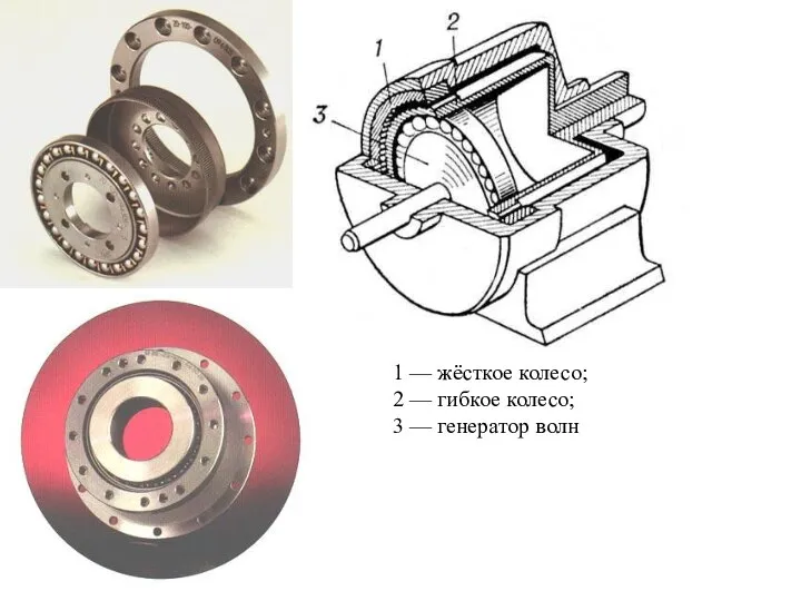 1 — жёсткое колесо; 2 — гибкое колесо; 3 — генератор волн