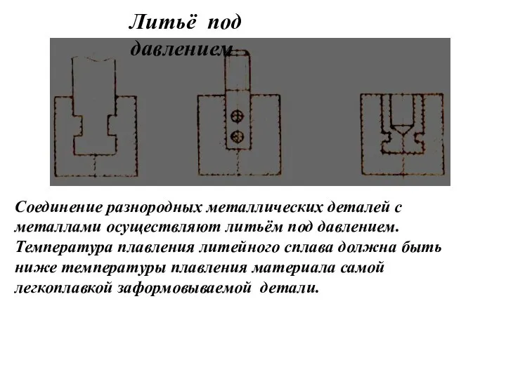 Соединение разнородных металлических деталей с металлами осуществляют литьём под давлением. Температура