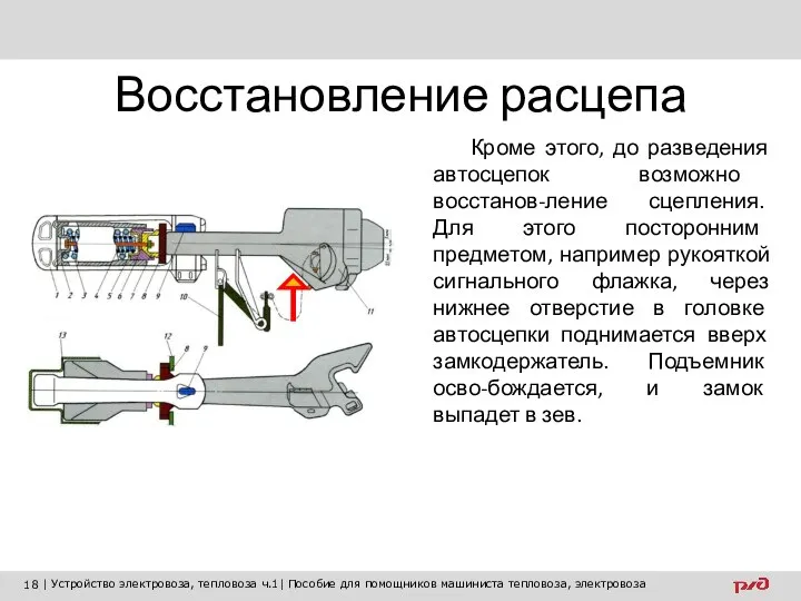 Восстановление расцепа Кроме этого, до разведения автосцепок возможно восстанов-ление сцепления. Для