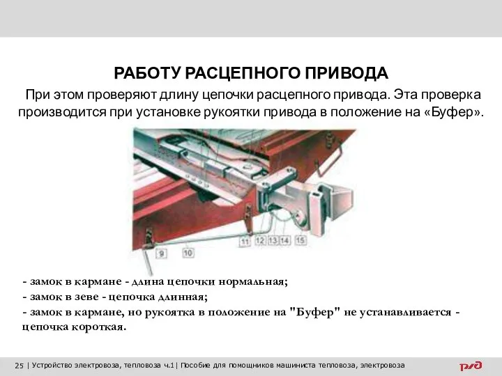 РАБОТУ РАСЦЕПНОГО ПРИВОДА При этом проверяют длину цепочки расцепного привода. Эта