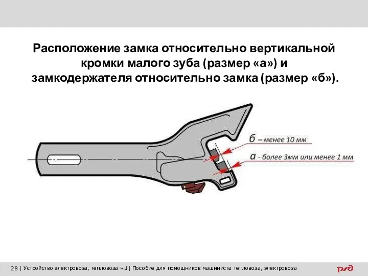 Расположение замка относительно вертикальной кромки малого зуба (размер «а») и замкодержателя относительно замка (размер «б»).