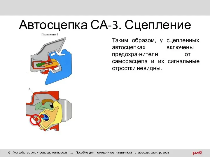 Автосцепка СА-3. Сцепление Таким образом, у сцепленных автосцепках включены предохра-нители от