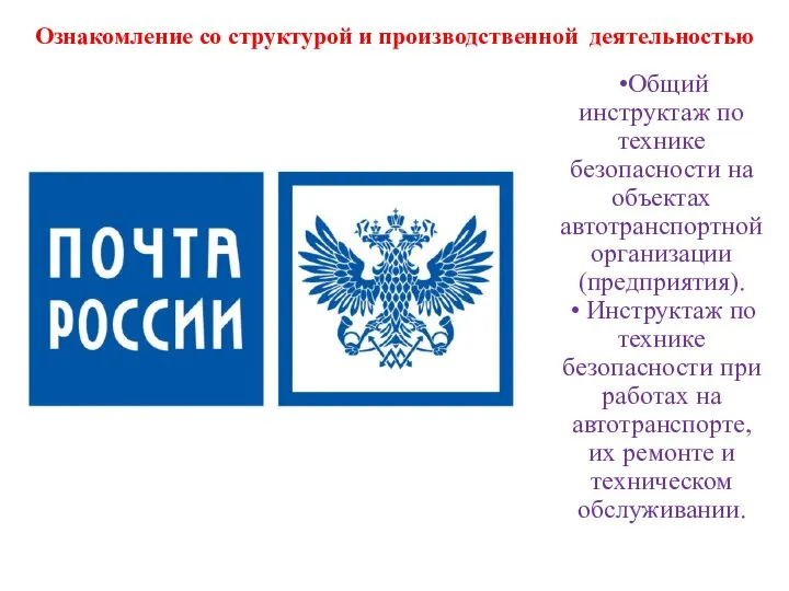 Ознакомление со структурой и производственной деятельностью Общий инструктаж по технике безопасности