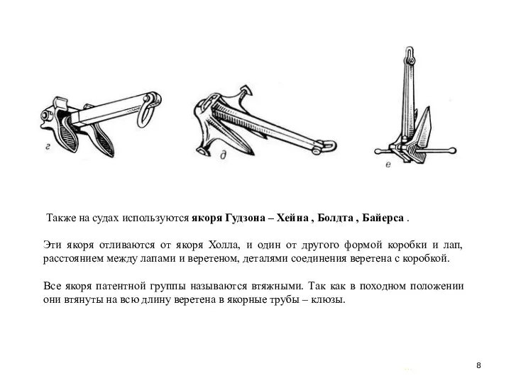 … . Также на судах используются якоря Гудзона – Хейна ,