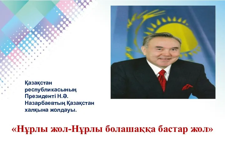 «Нұрлы жол-Нұрлы болашаққа бастар жол» Қазақстан республикасының Президенті Н.Ә.Назарбаевтың Қазақстан халқына жолдауы.