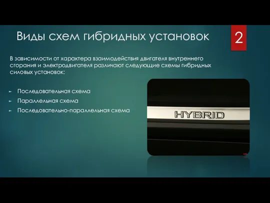 Виды схем гибридных установок В зависимости от характера взаимодействия двигателя внутреннего