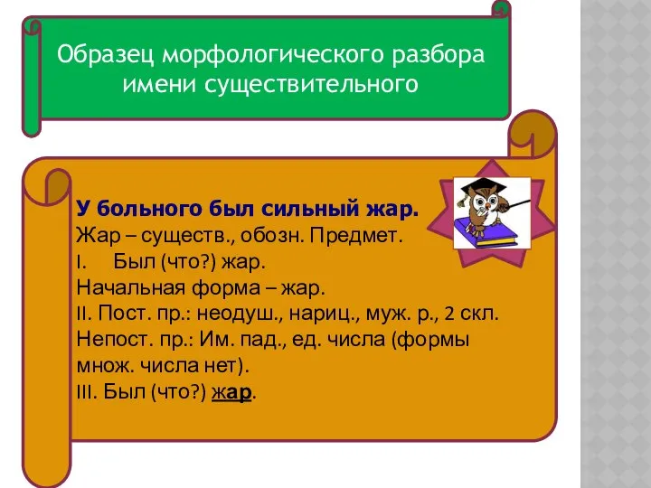 У больного был сильный жар. Жар – существ., обозн. Предмет. Был