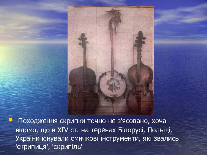 Походження скрипки точно не з’ясовано, хоча відомо, що в XIV ст.
