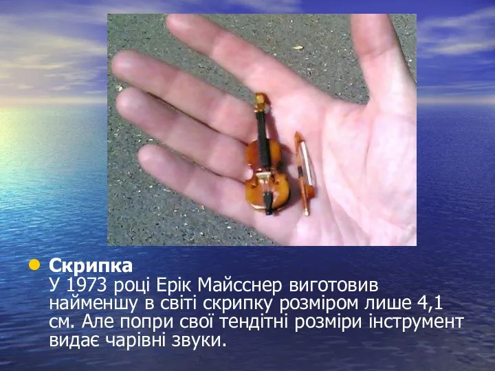 Скрипка У 1973 році Ерік Майсснер виготовив найменшу в світі скрипку