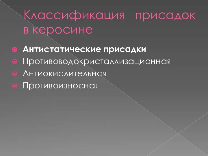 Классификация присадок в керосине Антистатические присадки Противоводокристаллизационная Антиокислительная Противоизносная