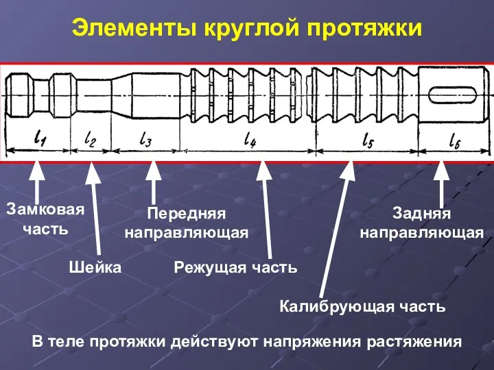 Элементы круглой протяжки Замковая часть Шейка Передняя направляющая Режущая часть Калибрующая