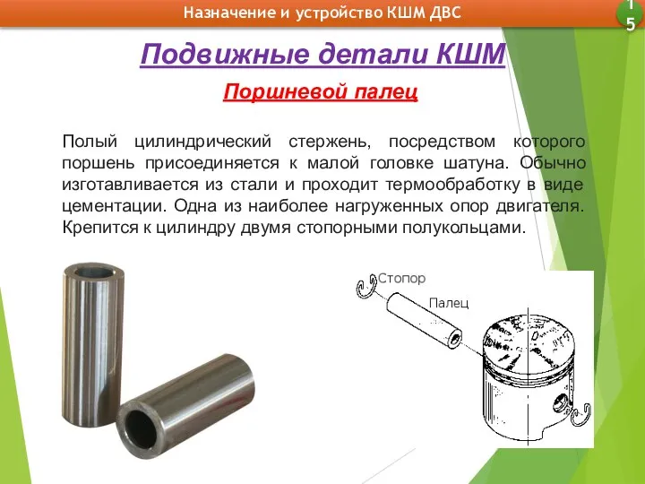 Назначение и устройство КШМ ДВС 15 Подвижные детали КШМ Поршневой палец