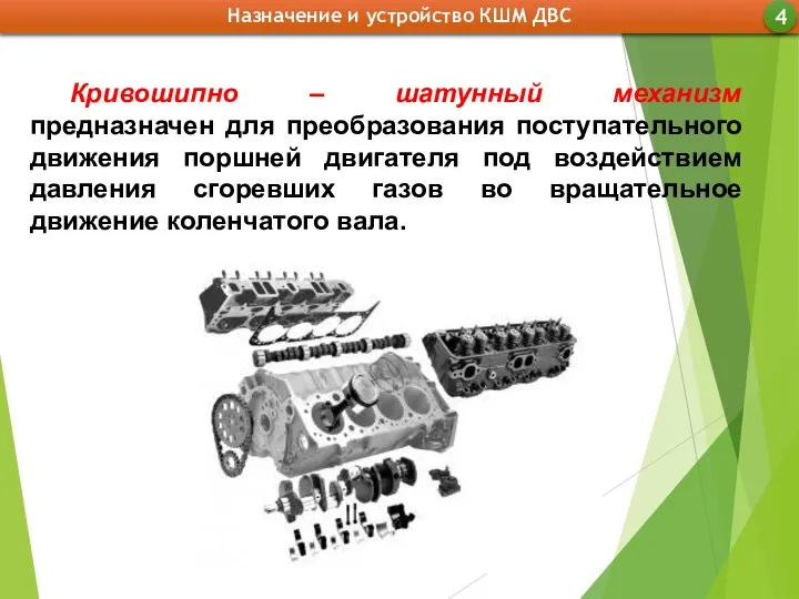 Кривошипно – шатунный механизм предназначен для преобразования поступательного движения поршней двигателя