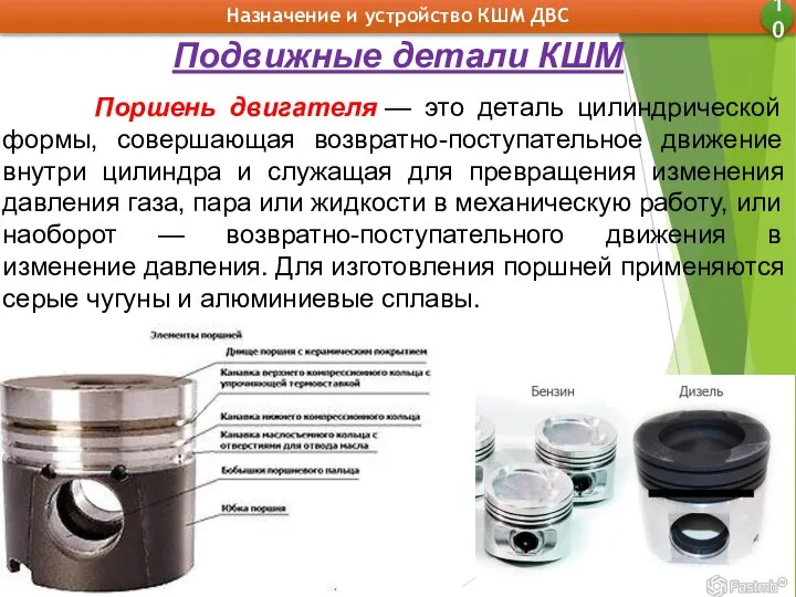 Назначение и устройство КШМ ДВС 10 Подвижные детали КШМ Поршень двигателя