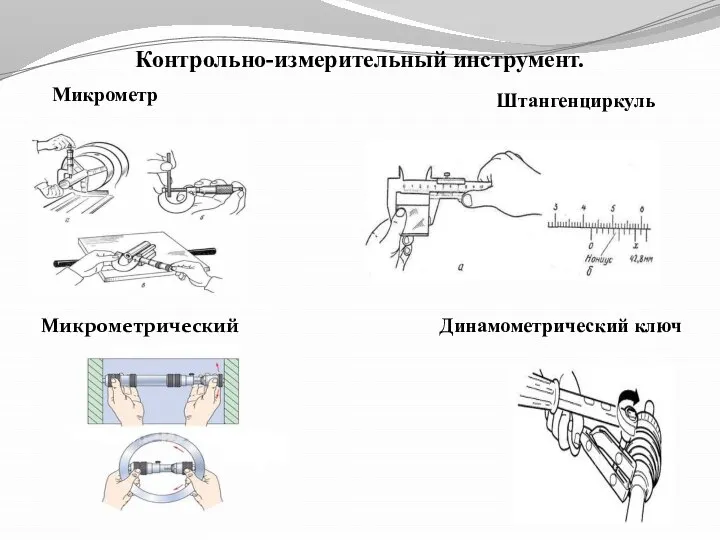 Контрольно-измерительный инструмент. Микрометр Микрометрический нутромер Штангенциркуль Динамометрический ключ