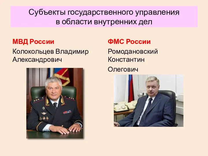 Субъекты государственного управления в области внутренних дел МВД России Колокольцев Владимир