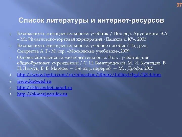 Список литературы и интернет-ресурсов Безопасность жизнедеятельности: учебник / Под ред. Арустамова