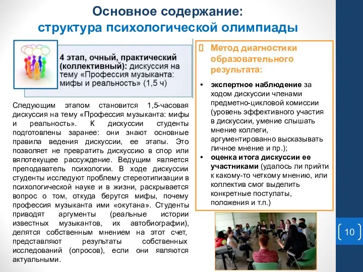 Основное содержание: структура психологической олимпиады Следующим этапом становится 1,5-часовая дискуссия на