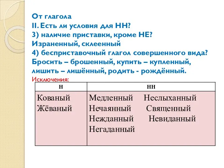 От глагола II. Есть ли условия для НН? 3) наличие приставки,